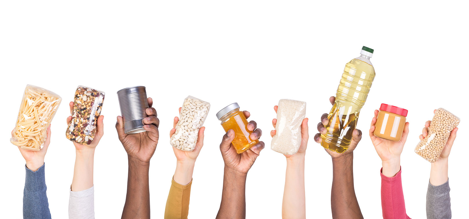 Arms extended up with hands holding jars and bags of food